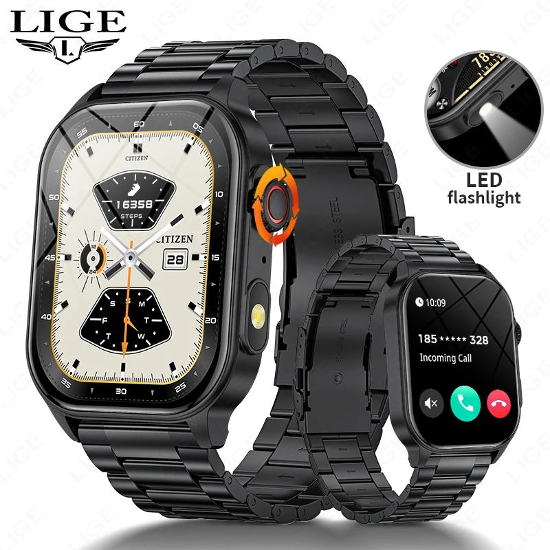 

LIGE 2025 Smart Watch Men LED Flashlight Bluetooth Call Wristwatch Waterproof Health Monitor Sports Smartwatch Man 2.01'' Screen