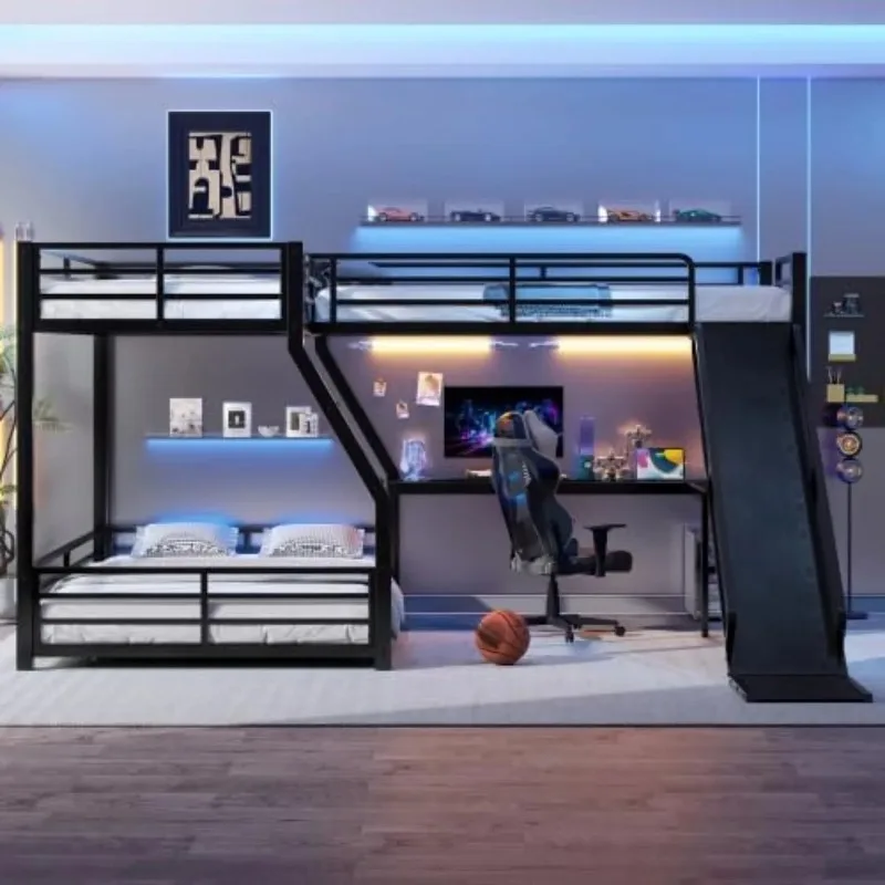 L-Shaped Triple Bunk Bed Twin Over Full with Slide Desk USB Ports Metal Frame 2 Ladders Guardrails Kids Teens Room