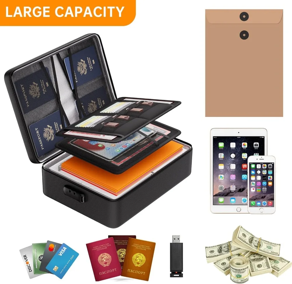 5200°F Fireproof Document Organizer with Lock, Water-resistant Storage Box for Files, Passports & Valuables