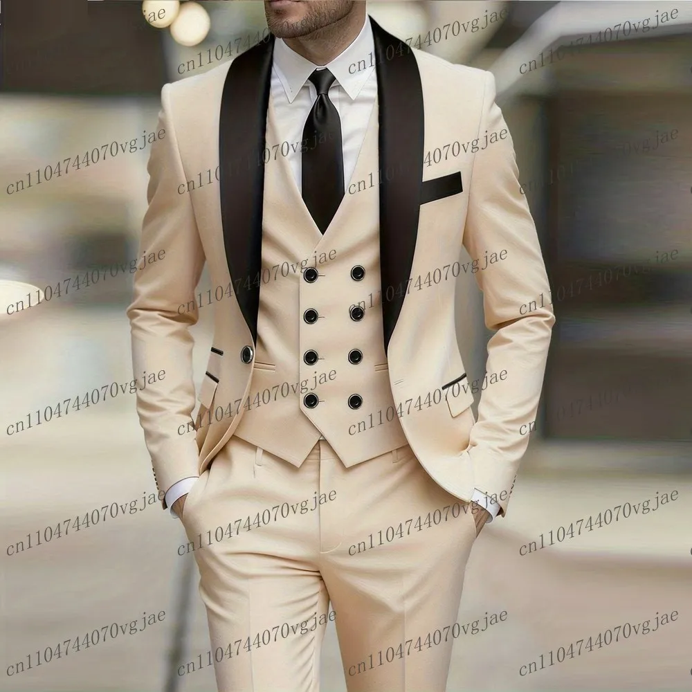 

Black Collar Beige New Men Suit Formal Wedding Party Groom Groomsman Male Tuxedos Customize 3 Piece Set Jacket Vest Pants