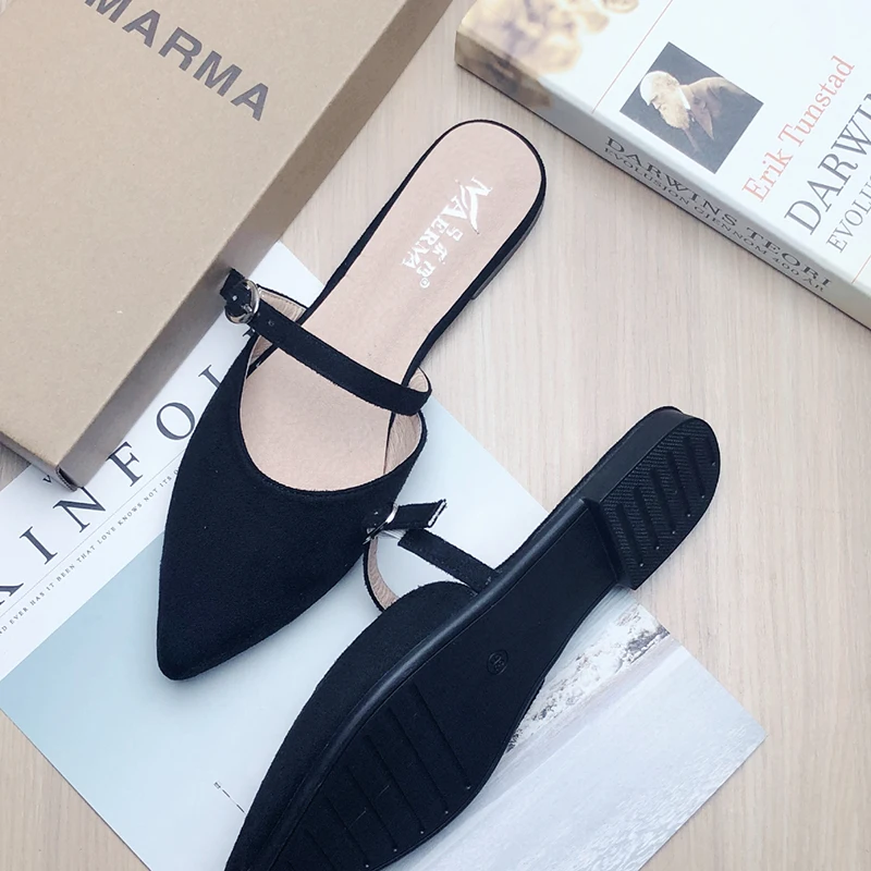 Women Sandals Black Pointed Shoes Women Flats Casual Shoes Sandalias De Mujer Large Size 42 43 33 34 Flat Shoes No Back Slippers