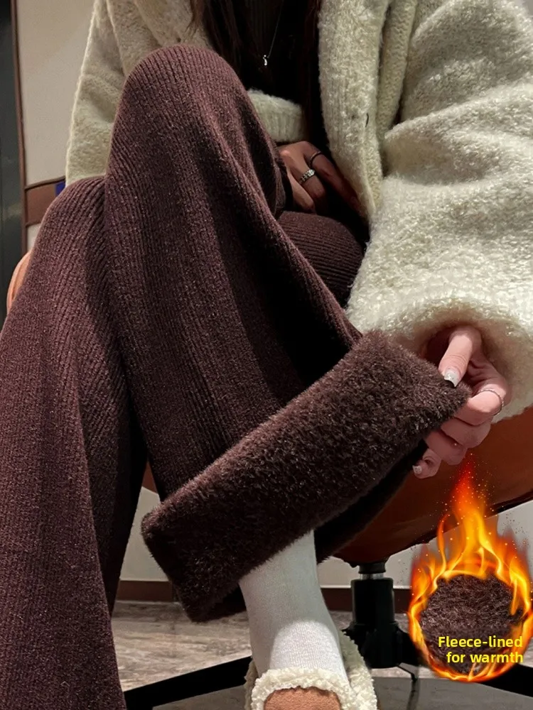 Oaeal Gebreide Fce Gevoerde Casual Rechte Pijpen Hoge Taille Broek Dames Faion 2025 Nieuwe Herfst Winter Thi Wijde Pijpen Broek