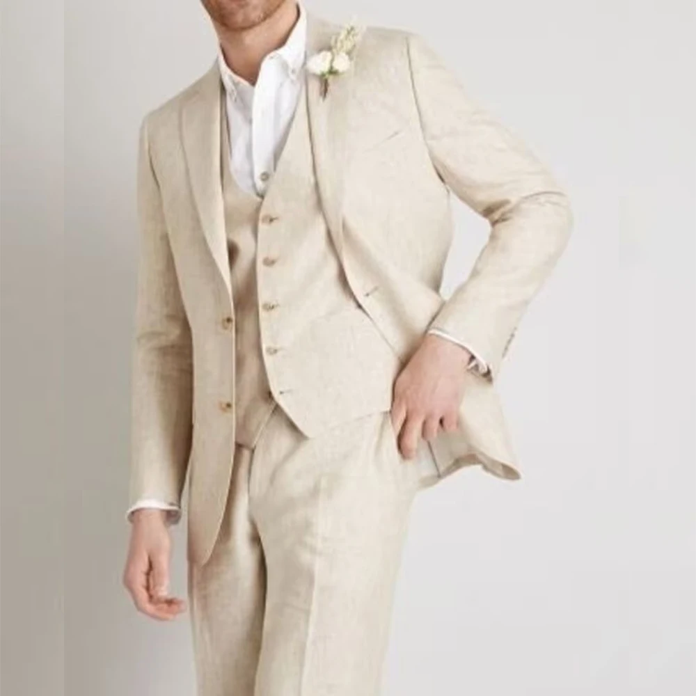 STEVDITG Beige Linen 3 Piece Jacket Pants Vest Elegnat Men's Suits Slim Fit Customized Single Breasted Peaked Lapel Costume Set