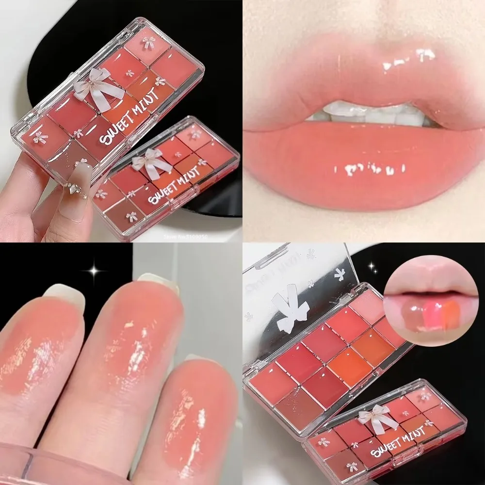 Placa de gelatina, 10 colores, labio rojo, naranja, bálsamo de aceite de labios regordete Sexy, paleta de maquillaje de vidrio de agua hidratante, brillo de labios de cristal espejo