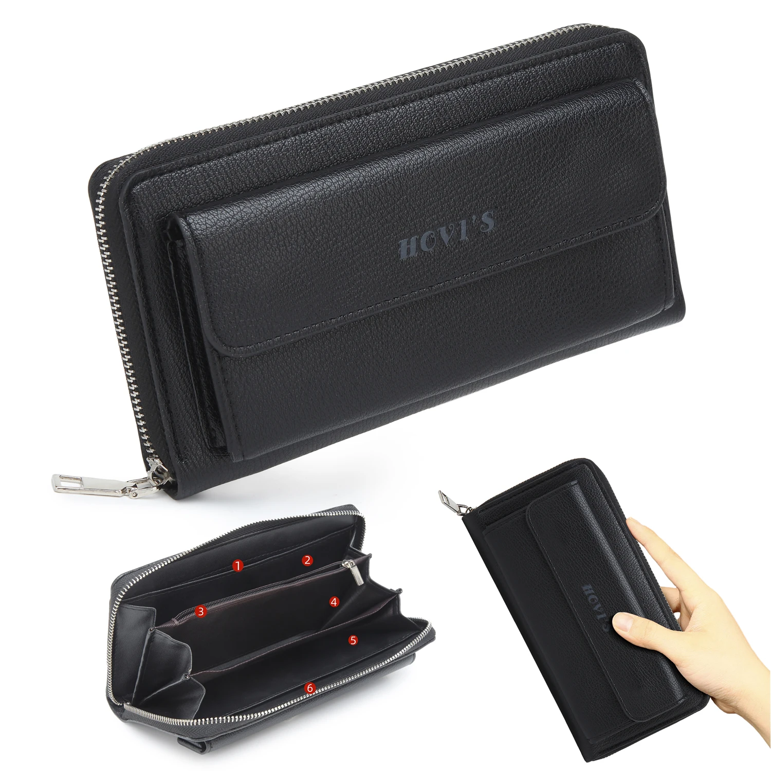 

Men's Black Wallet - Zipper Closure Multi-Compartment Handbag with Phone Storage, Front Flap Pocket & Detachable Strap