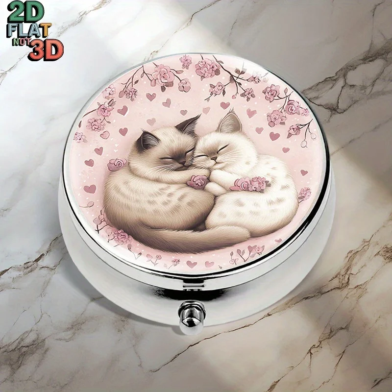 1 Portable Round Metal Pill Box - with Cute Cat Love Design Printed on a Pink Background, Adorned with Cherry Blossom Hearts, Made from Food-Grade Safe Material, Compact and Portable, Can Hold Medicines, Vitamins, Jewelry, Etc. - Perfect Gift for Cat Lovers, Cute Pill Box, Medicine Storage, Decorative Pill Box, Stylish Appearance, Lightweight and Portable, Vitamin Storage, Travel Essential, Flat Design