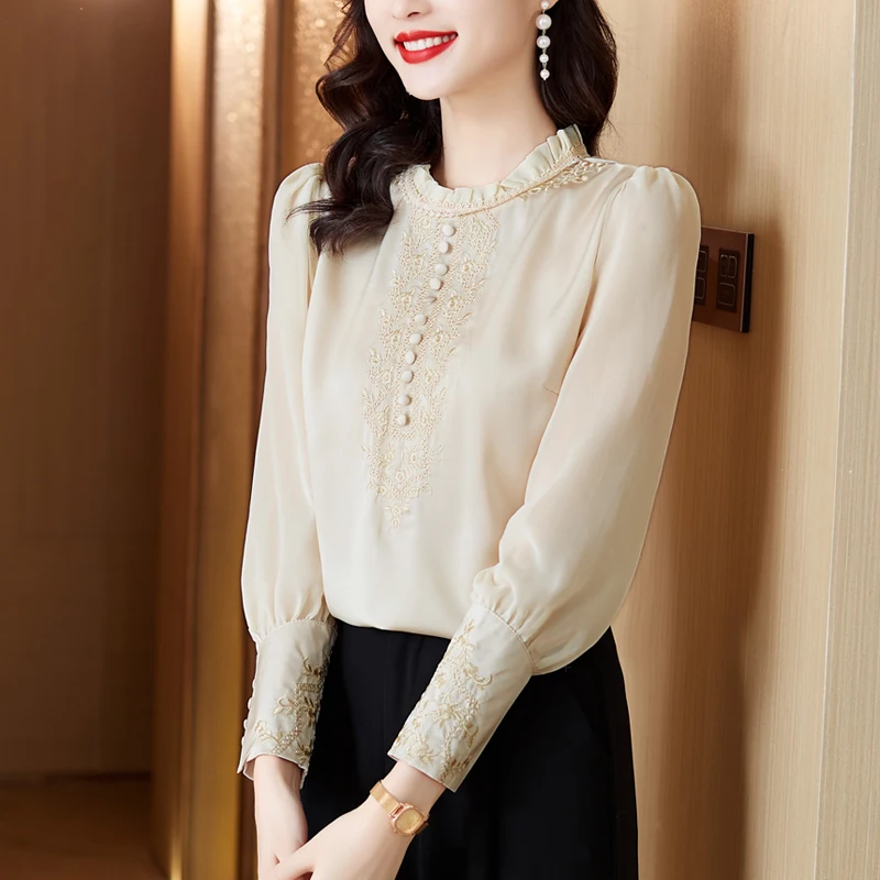 بلوزات نسائية غير رسمية قمصان مطرزة موضة فضفاضة للربيع/الصيف برقبة دائرية ملابس من الساتان بأكمام طويلة قطع علوية نسائية كورية #4