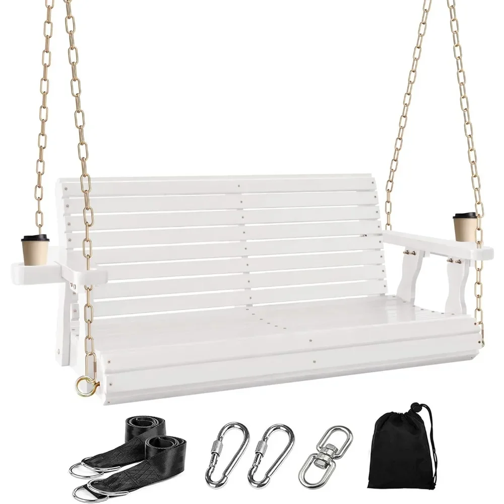 

4FT Wooden Porch Swing w/Cupholders,Heavy Duty 800LBS Outdoor Swing Bench w/Chains,Patio Roll Back Swing Chair Bench