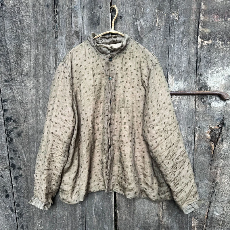 Damskie płaszcze z bawełny i lnu, codzienne, nowość 2025, jesień, styl vintage, stójka, luźne, w kropki, damskie kurtki z długim rękawem M2001