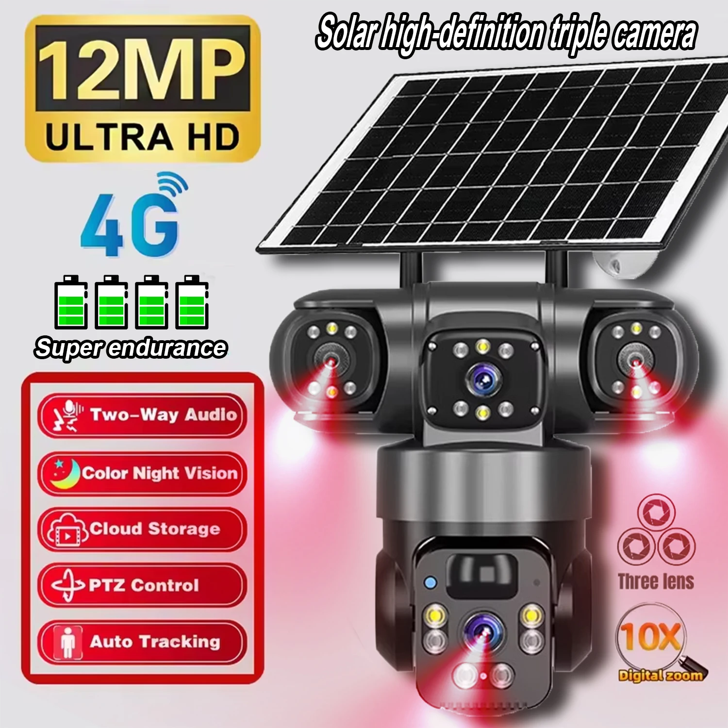 

2025New Solar-Powered WiFi Security Camera Real-time Alerts binocular 360Degree Three Screens Panoramic View With 8000mAhBattery