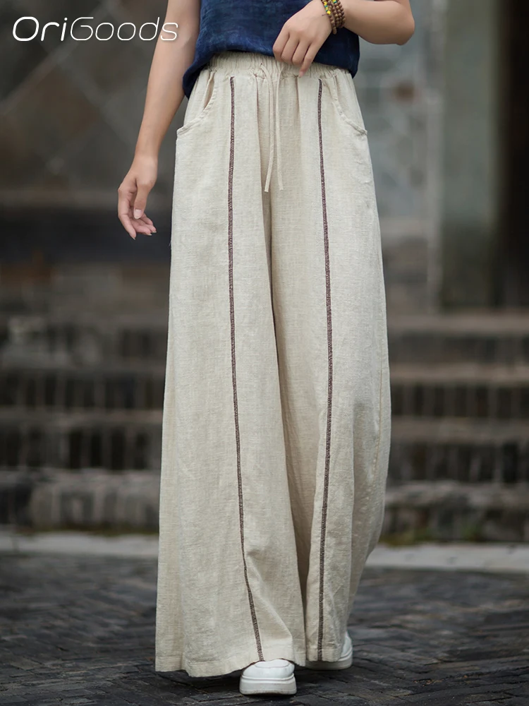 

OriGoods Ramie, хлопковые широкие брюки, женские осенние брюки 2025, новые свободные брюки из натуральной ткани и льна с эластичной резинкой на талии, винтажные элегантные брюки B325