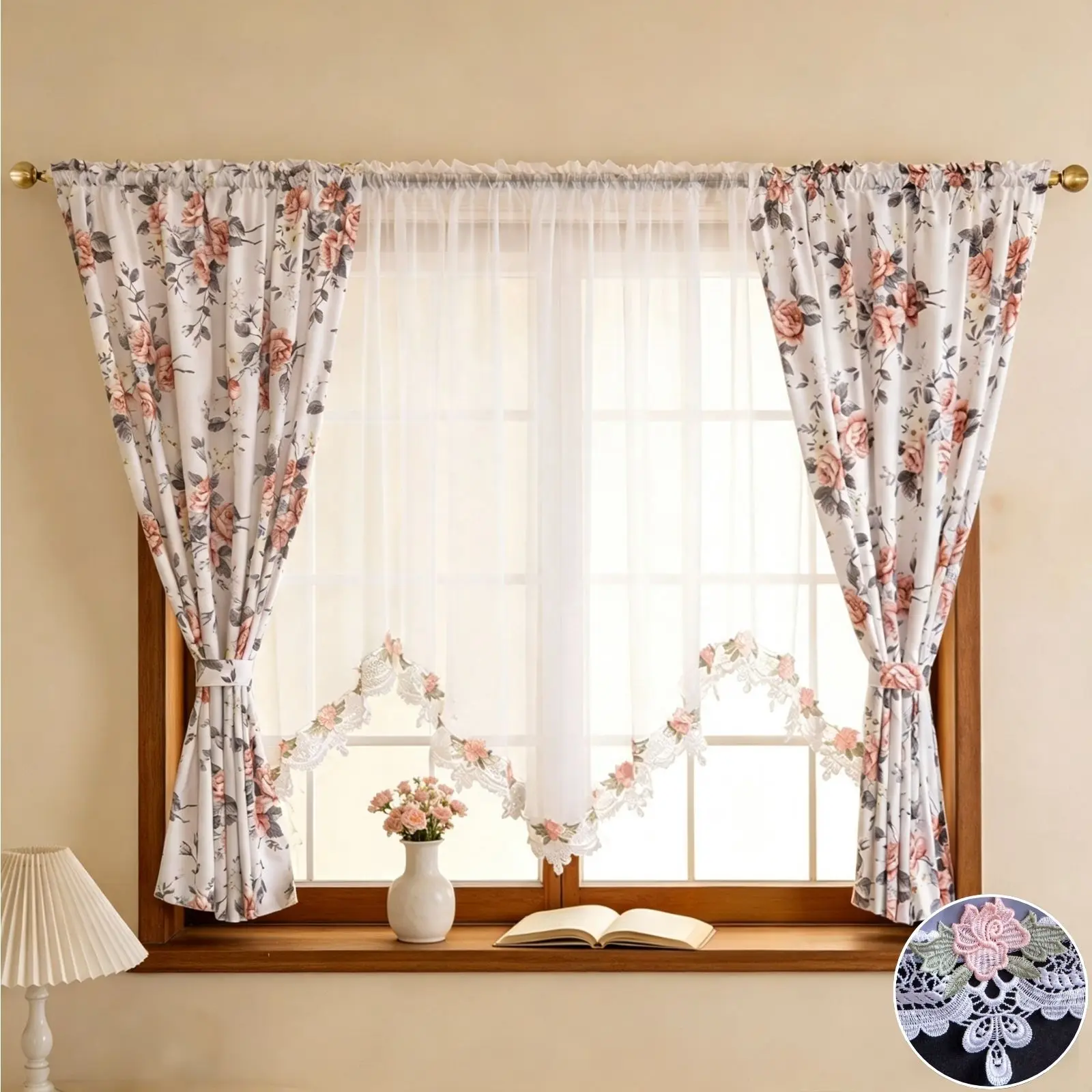 1PC Vintage Rose Print Rod‑Pocket Sheer Curtain, Scalloped Floral Lace Trim,  For Bedroom , Sweet Housewarming Gift