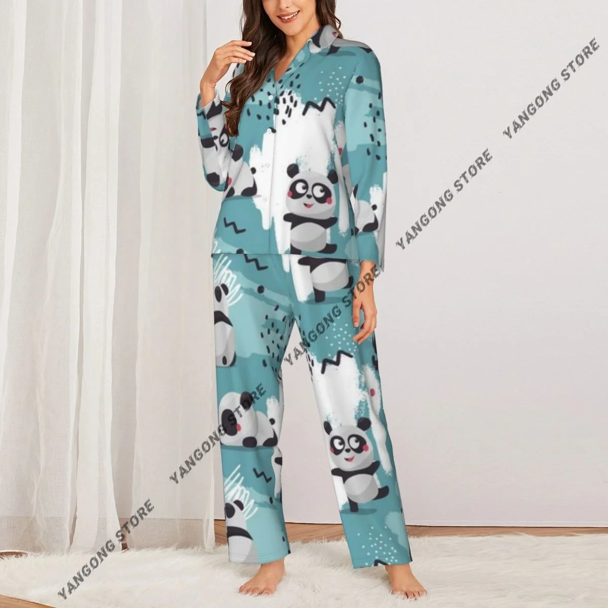 Spring and Autumn Long Sleeve Pants Pajamas Loungewear Set Cute Scandinavian Panda Women's Pull Edge Loose Sleeping Suit