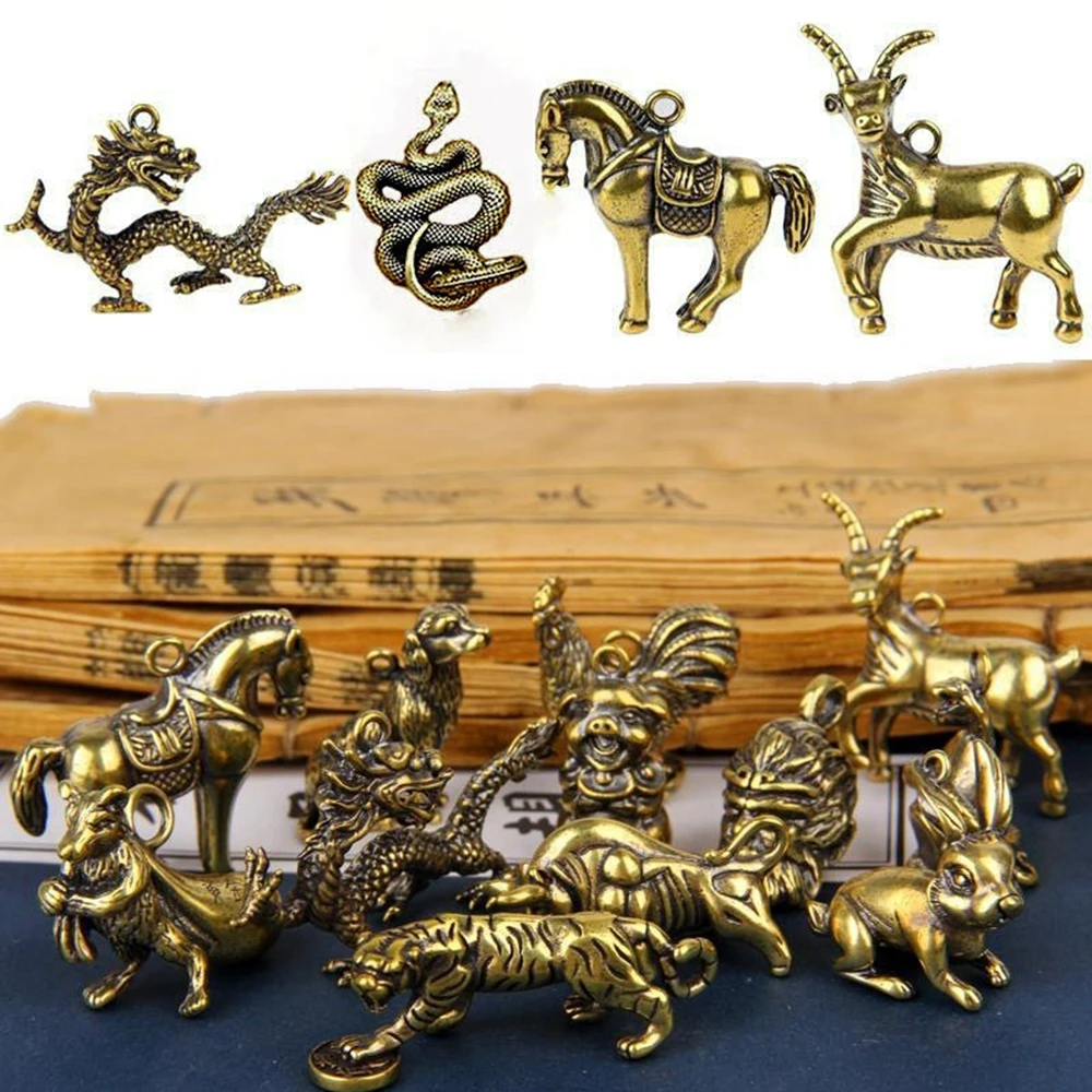 Brass Animal Statue Ornament Chinese Zodiac Rat Ox Tiger Rabbit Dragon Snake Horse Sheep Monkey Chicken Dog Pig Desk Decor