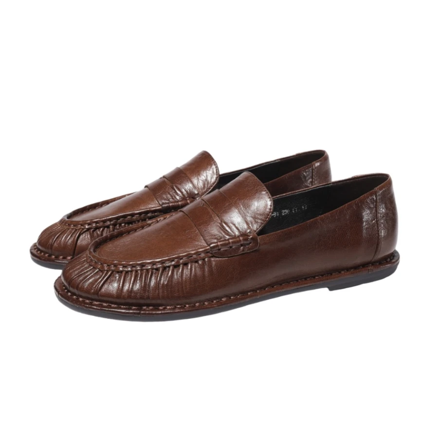 Women Vintage Ruched Loafers Round Toe Faux PU SlipOn Flat Shoes Ladies Retro Casual Office Footwear Plus  BH0219