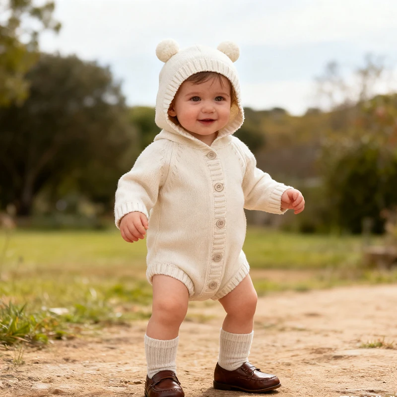 2026 ربيع جديد 0-24 متر الرضع طفل محبوك بذلة بلون مقنعين طفل رضيع الفتيان فتاة رومبير الأطفال محبوك الملابس #1