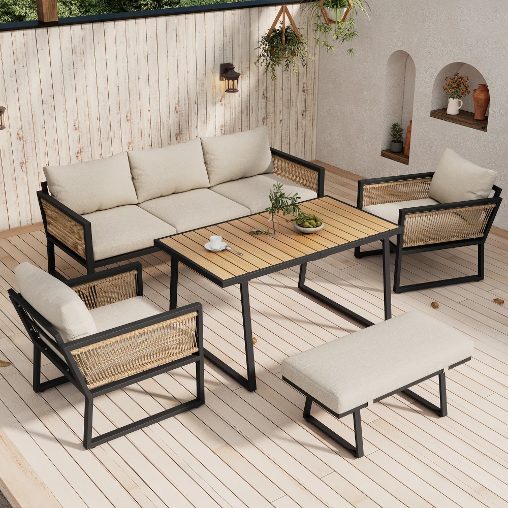 PINGGD Garten-Esstisch-Set, Garten-Lounge-Stuhl-Set, 3-Sitzer-Sofa, 2 Sessel, Hocker und Esstisch, Tischplatte aus Kunststoffholz