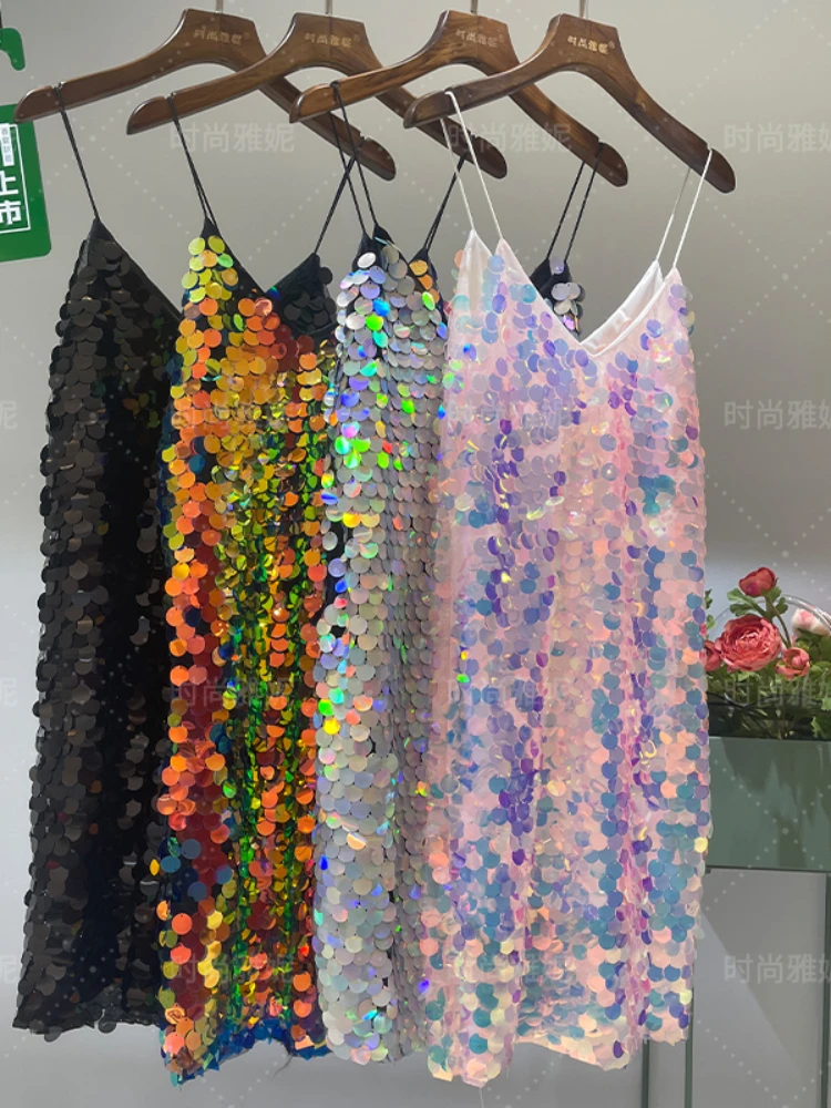 Fashion European Style Shiny Big Sequins V-neck Strap Dresses Female Summer Slim Fit Sexy Costumes Colorful Dress for Women