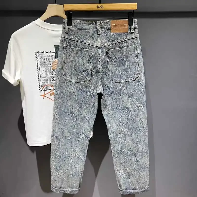 American Retro Trendy Brand Jacquard Design Men's Autumn and Winter Loose Straight Tube Trendy and Cool Casual Denim Pants