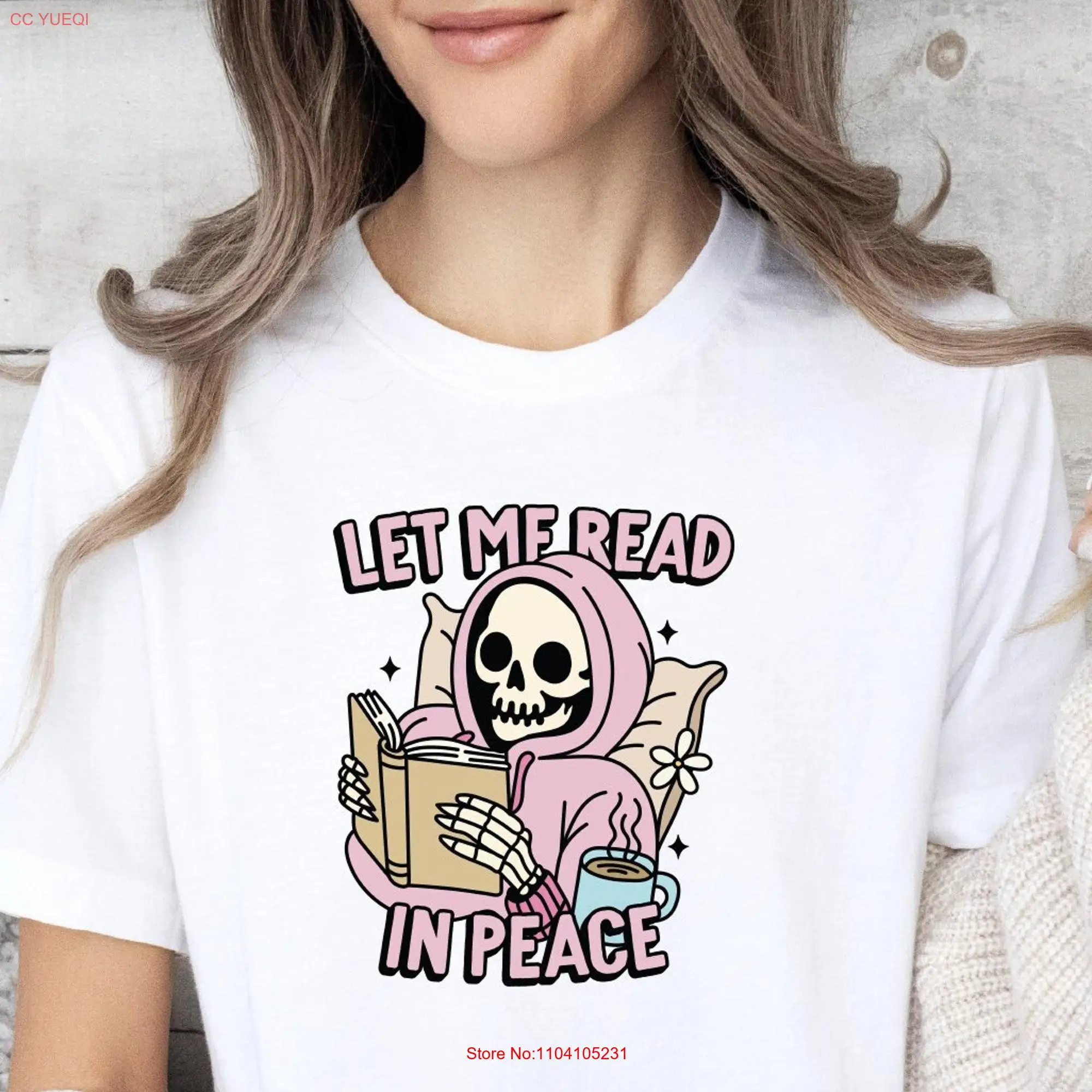 Let Me Read In Peace T Shirt Book lover Funny Skeleton Bookish Club Reading long or short sleeves