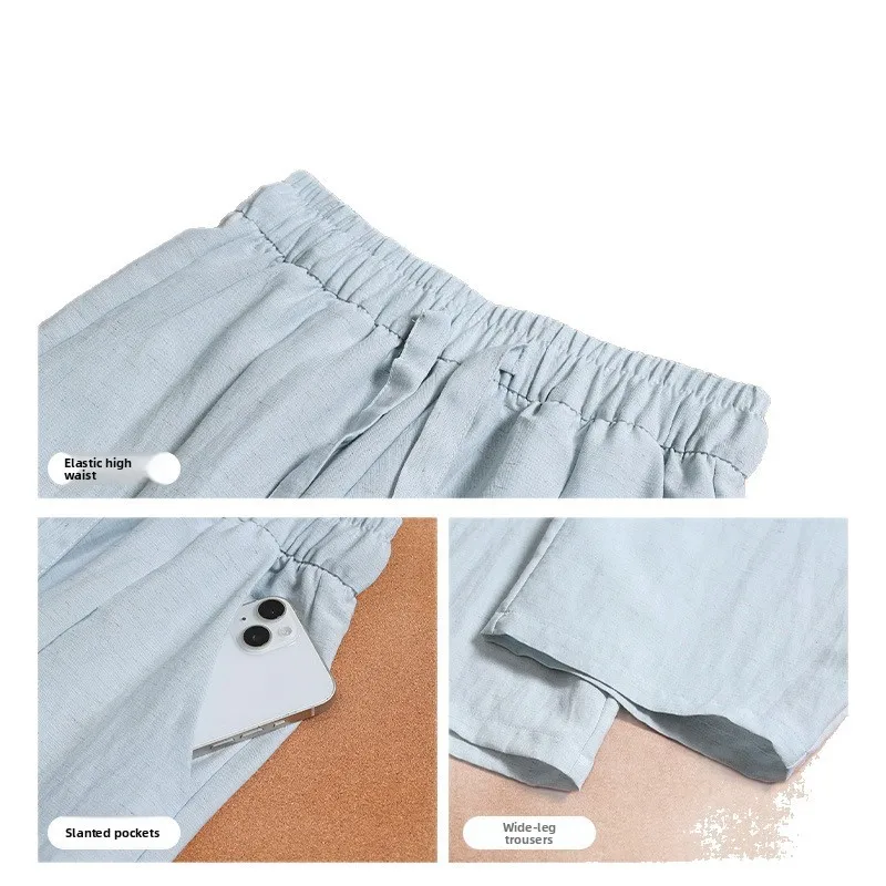 Calças Casuais de Algodão e Linho Soltas para Mulheres Tamanho Grande Ajuste Confortável Calças Cleanfit Cintura Média Baixa Material PVC