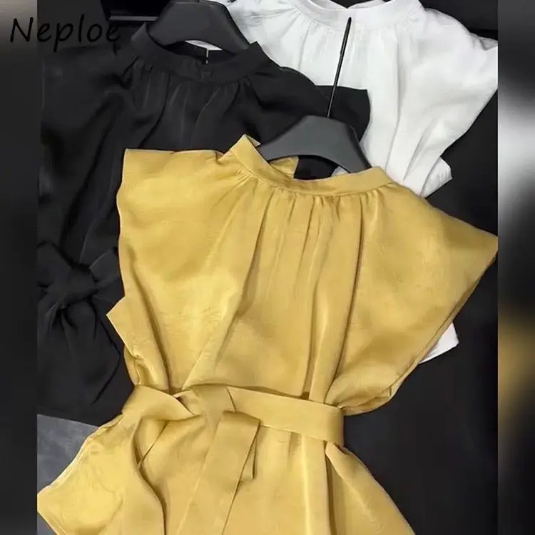 

Neploe Simple Office Lady Solid Slim Pullover Tops Advanced French Elegant Chiffon Shirts Europe Hot Sell Lace Up Literary Top