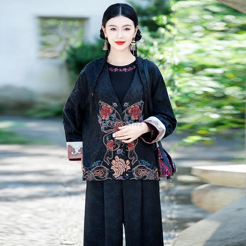 2024 new chinese ethnic style embroidery national autumn short coat vintage loose v-neck long sleeve women casual vest top t001