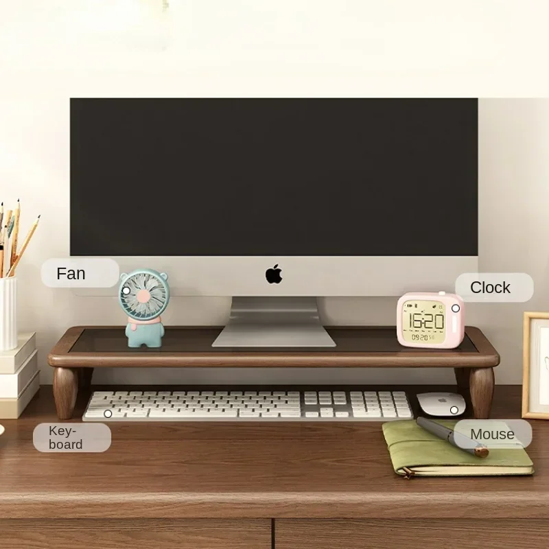 Solid Wood Monitor Storage Rack, Tempered Glass Computer Stand, Desktop Laptop Organizer, Increase Rack with Storage.