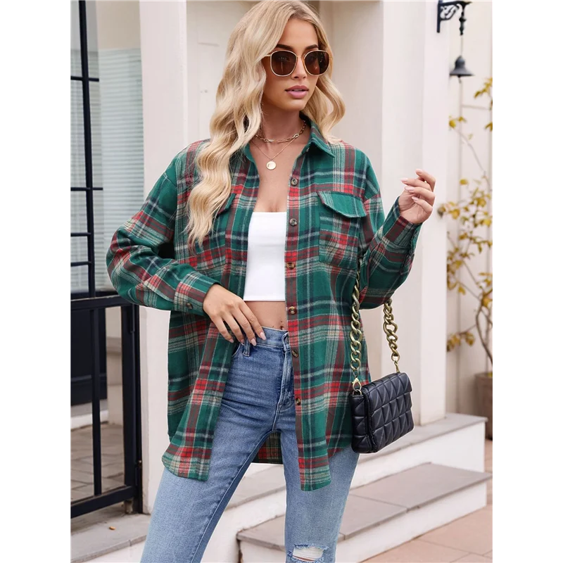 

NEW-Womens Classic Button Down Plaid Flannel Shirts Long Sleeve Oversized Casual Business Blouse Tops