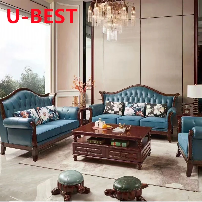 U-BEST Modern American Light Luxury Solid Wood Sofa Leather Nordic 123 Combination Living Room Simple Villa Furniture Couch