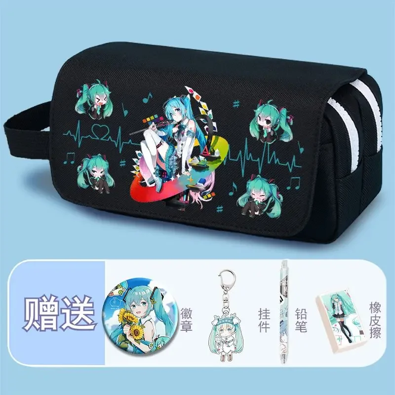 Kawaii Hatsune Miku Pencil Case Anime Cartoon Cute Multi-layered Pencil Case Large Capacity Gift Badge Pendant Storage Bag New