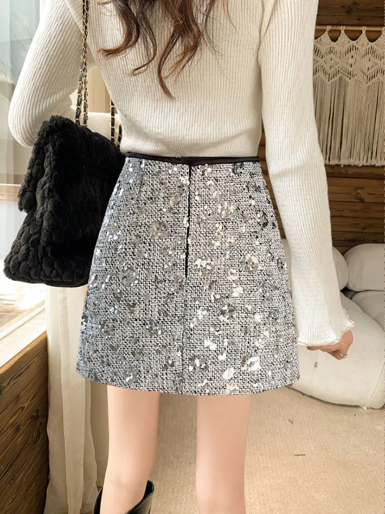 Christmas Red Women's Bling Tweed Pencil Skirt With Sequins Autumn Winter Slim Sexy Nigh Club Mini Short Skirts Woman