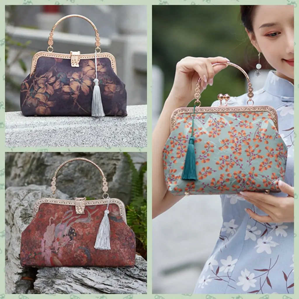 Handmade Female Satin Chinese Old Time Style Frame Handbag Lady Vintage Retro Chic Boutique Fringes Luxury Design Messenger Bag