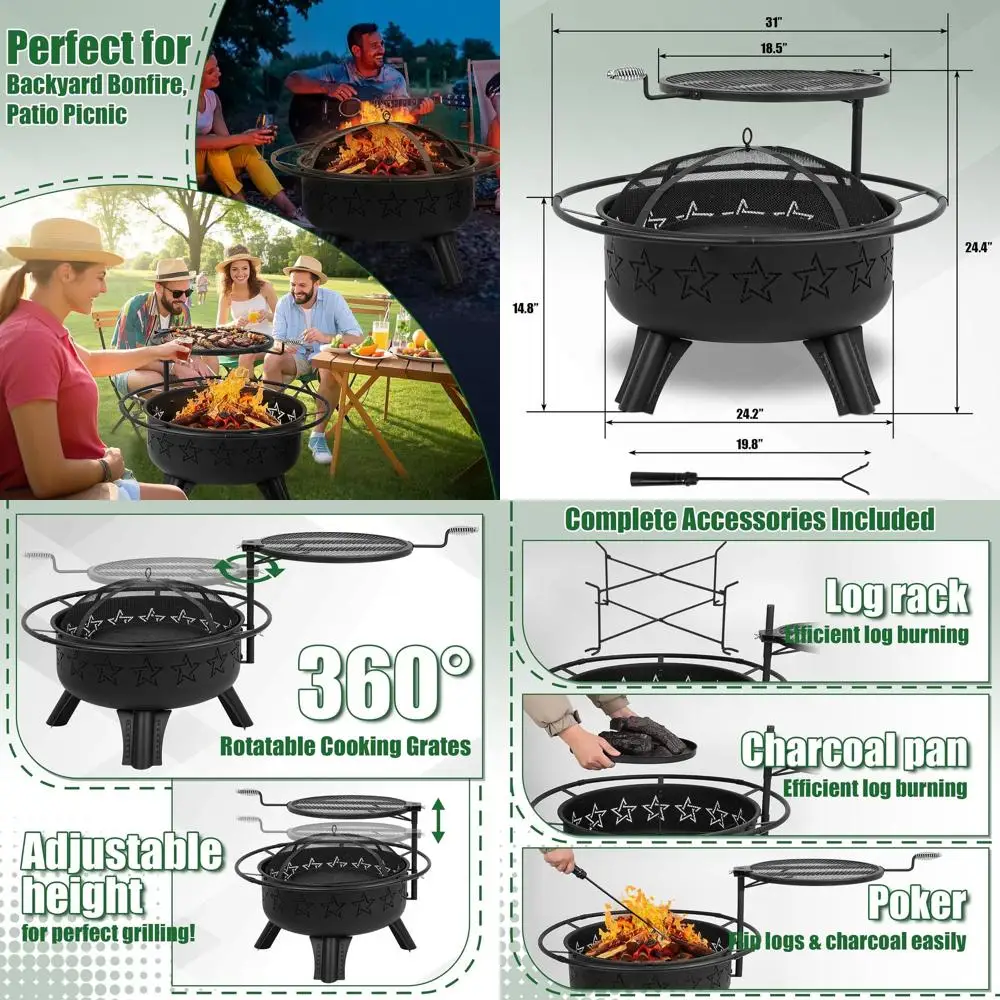 

Уличная топка-печь для костра повышенной прочности (31 дюйм) с поворотным грилем и защитным экраном от искр для дачи, патио и сада