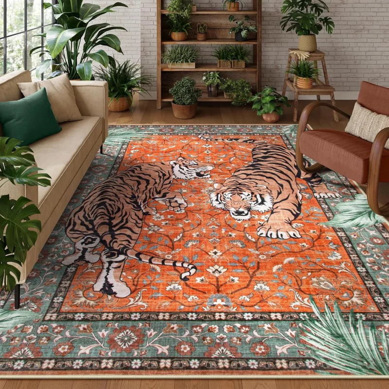 VIKAMA Boho Tiger Pattern Area Carpet Anti Slip Decorative Mat for Living Room Coffee Table Dining Room Bedroom Home Decoration