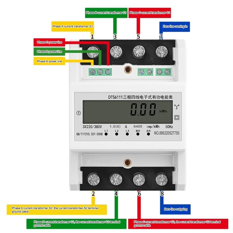 

Electricity Meter 3 Phases 4 Wire Energy Meter DIN 3x 220V/380V 1.5(6)A