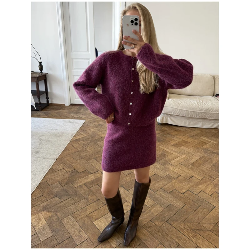 Solid Color Zipper Waist Cinching Casual Set Knitted Top Drawstring Straight Leg Pants 2-piece Sets 2026 Autumn Lady Daily Wear