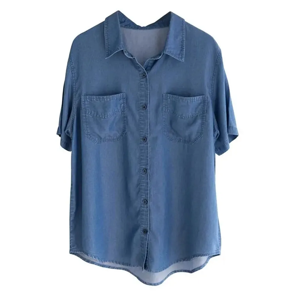 Y2k Solid Demin Blouse 2024 Elegant Short Sleeve Blue Women Casual Solid Loose Tops Tees Summer Button Up Lapel Oversized Blusas