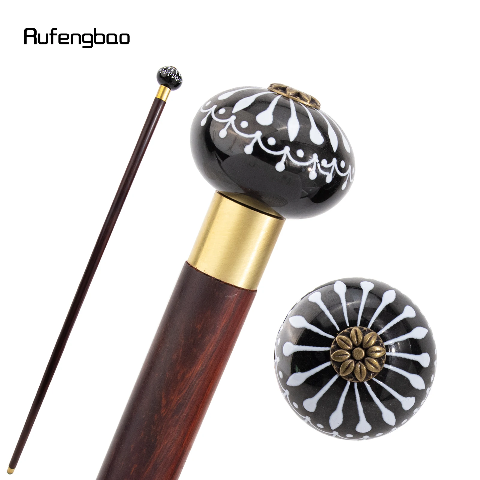 Black White Ceramic Round Flower Head Wooden Single Joint Stick Decorative Cospaly Party Wood Cane Halloween Wand Crosier 90cm