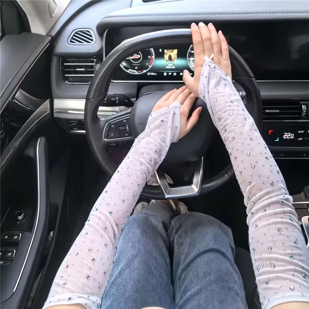 Rhinestone Mesh Fingerless Gloves Rhinestone Breathable Long Sunscreen Gloves Nightclub Dance Fingerless Arm Sleeves