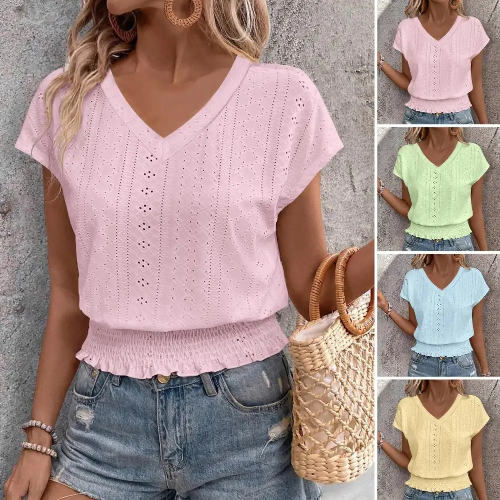 

Women Tops V-Neck Short Sleeve Jacquard Decoration Pullover Tops Solid Color Loose Fit Linen Cotton Ramie Elastic Hem T-shirt