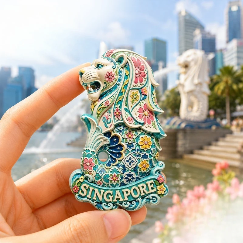 Singapore Merlion Floral Fridge Magnet - Vibrant 3D Southeast Asian Souvenir Unique Tropical Gift for Travel & Home Decor