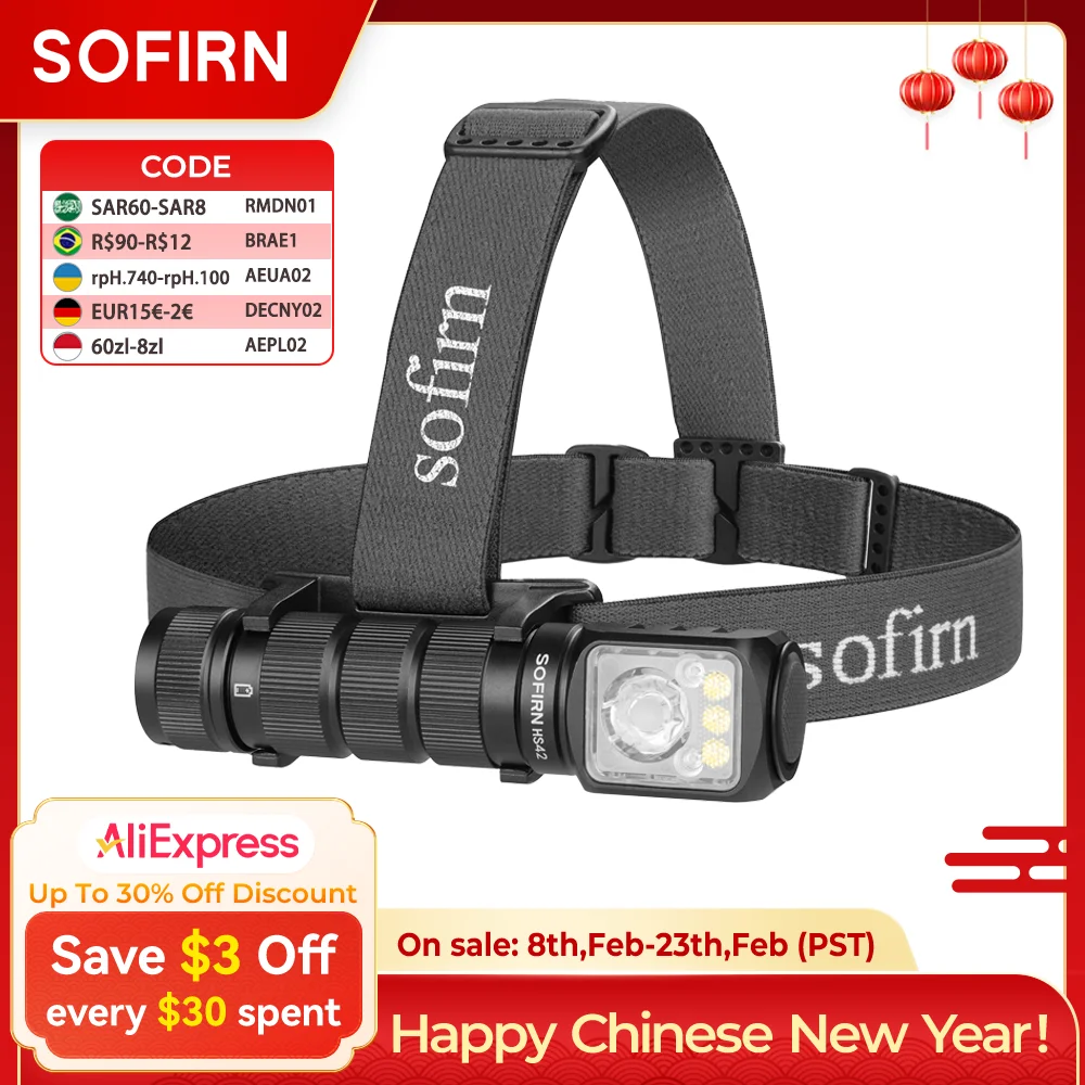 Sofirn HS42 헤드램프 SST40 18650 충전식 토치 2100lm 6 LED(적색광 스포트라이트 투광 조명 USB ...