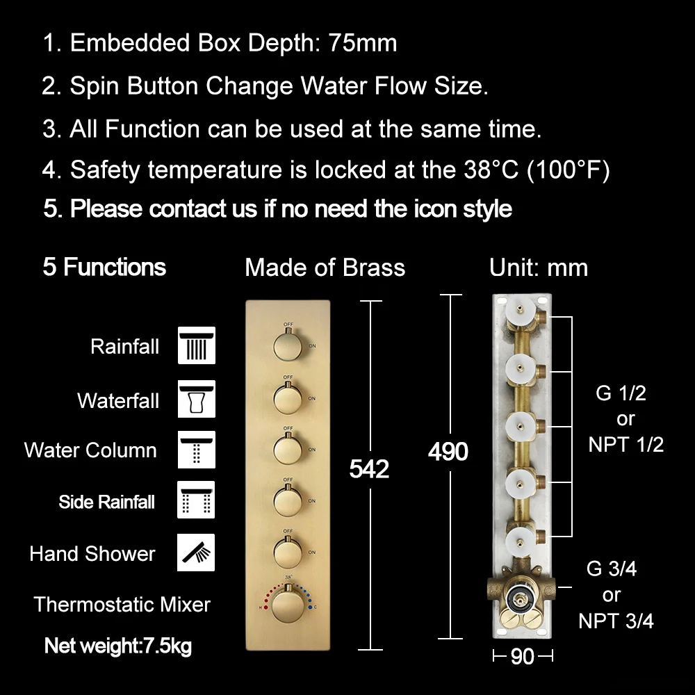 M Boenn 5 Functions Couples Shower Set System Bathroom Faucets Multi Functions Rainfall Shower Head Thermostatic Diverter Brass