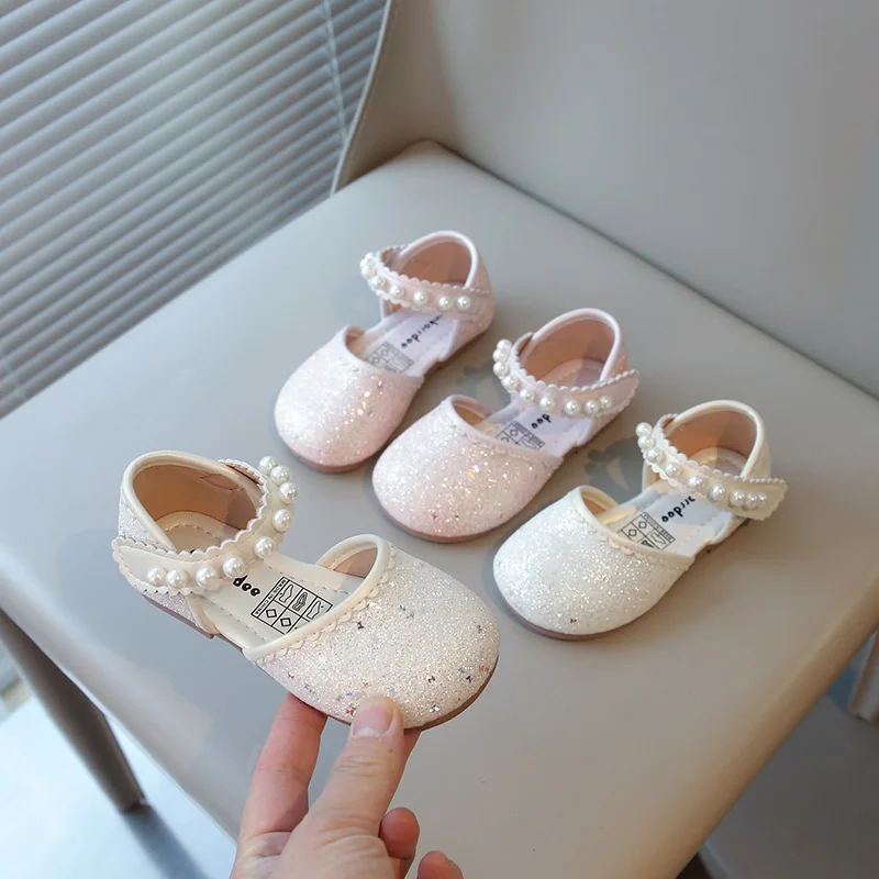 

New Spring Summer Leather Bow Shoes Sequined Pearls Girls Non-slip, Princess Performance Dance, Baby Walking Shoes, Fashionable