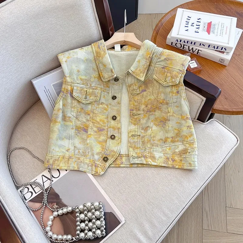 Sommer Vintage Tie-Dye Drucken Dünne Kurze Dünne Denim Weste Frauen Unregelmäßige Revers Einreiher Ärmellose Cowboy Weste Weibliche