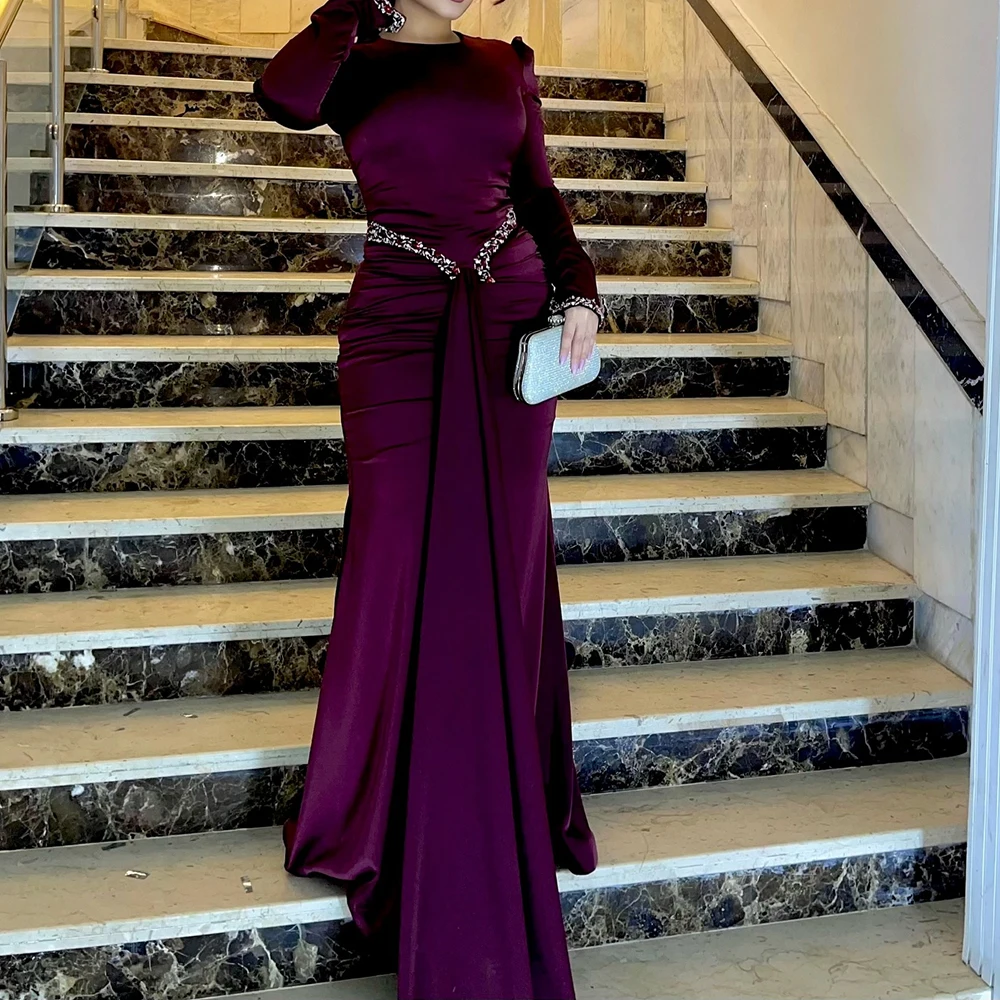 맞춤형 A라인 이브닝 드레스 바닥 길이 O넥 긴 소매 프롬 가운 패션 크리스탈 심플 드레이프 캐주얼 파티 가운