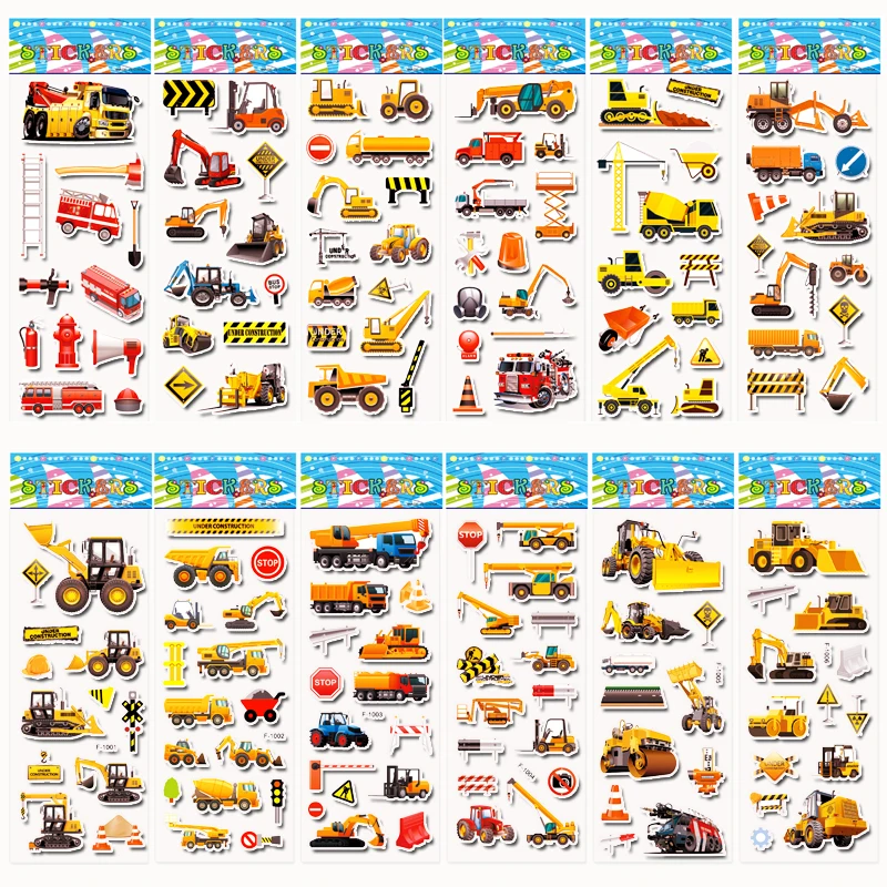 10 Sheets Kids Stickers Puffy Stickers for Girl Boy Birthday Gift For Children Scrapbooking Cartoon Engineering Vehicle Stickers