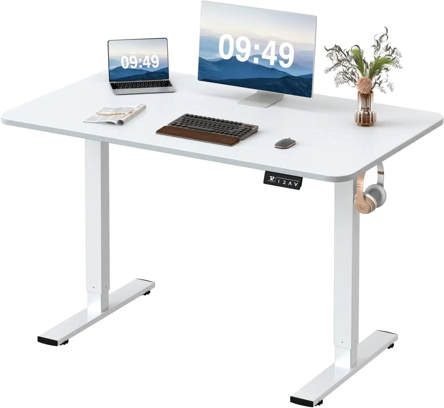 Height adjustable upright desk, 48 x 24 inch sitting upright desk, home office computer desk, T-shaped metal bracket, white