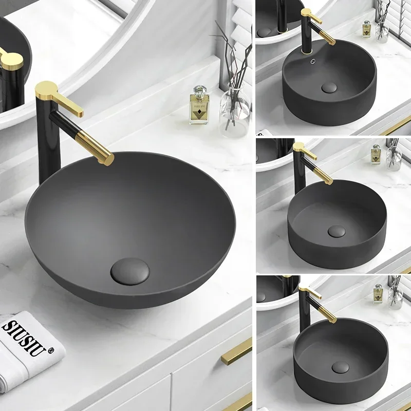 

mini small black sink bathroom Imitation metal texture stage wash basin ceramic washbasin round sink evier vanity fregadero